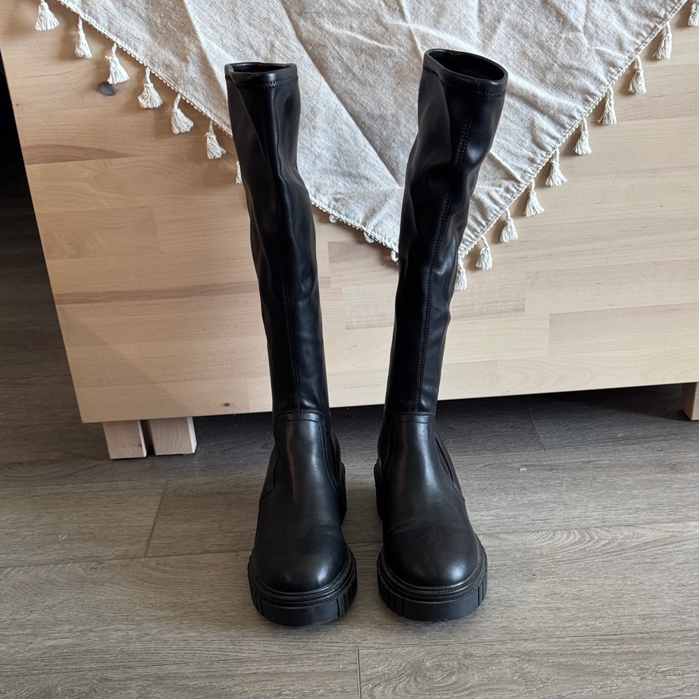 Black Knee-High Chunky Sole Boots - Call it Spring